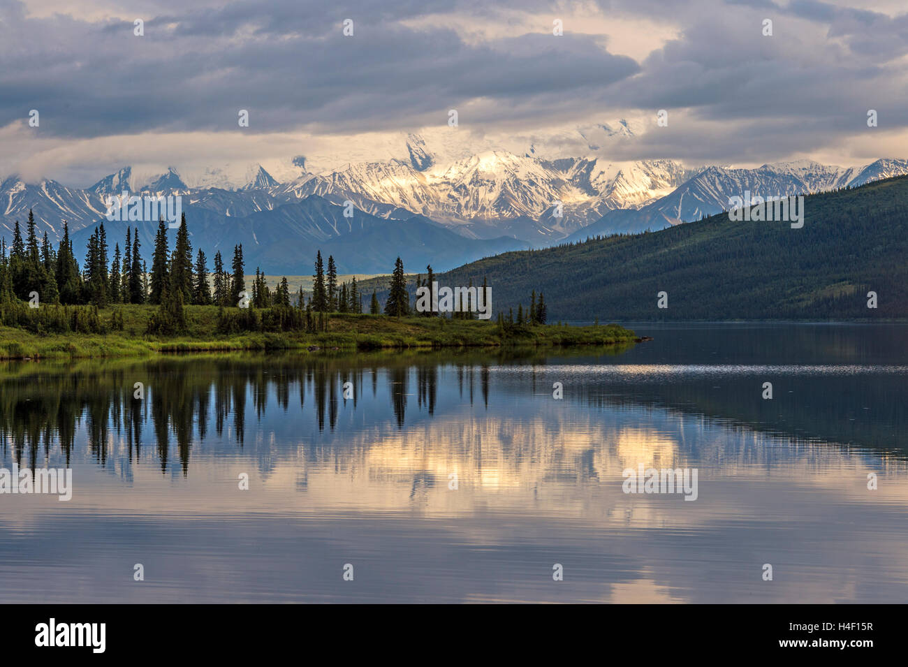 Étang de réflexion avec Denali (Mt. McKinley) montagnes en arrière-plan, le parc national Denali, Alaska Banque D'Images