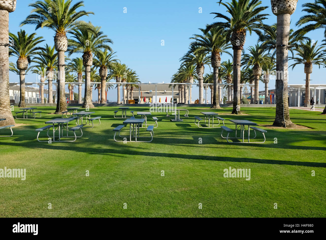 IRVINE, CA - le 14 octobre 2016 : Le Grand Parc Palm Court et Arts Building. Le Palm Court sert de campus culturel Parcs. Banque D'Images