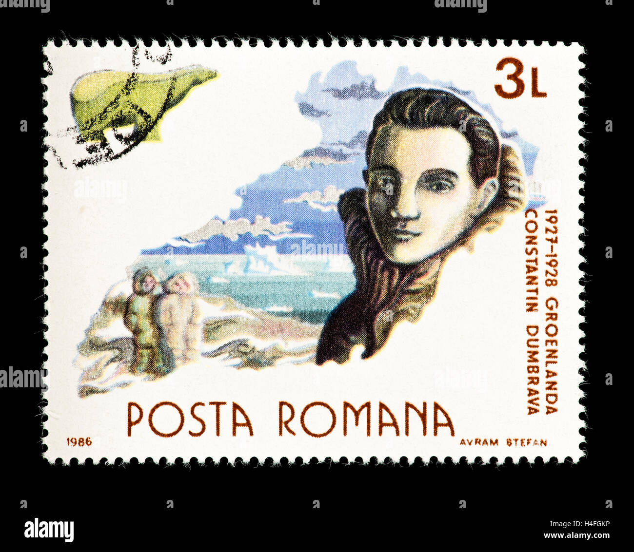 Timbre-poste de Roumanie représentant Constantin Dumbrava, l'exploration du Groenland. Banque D'Images