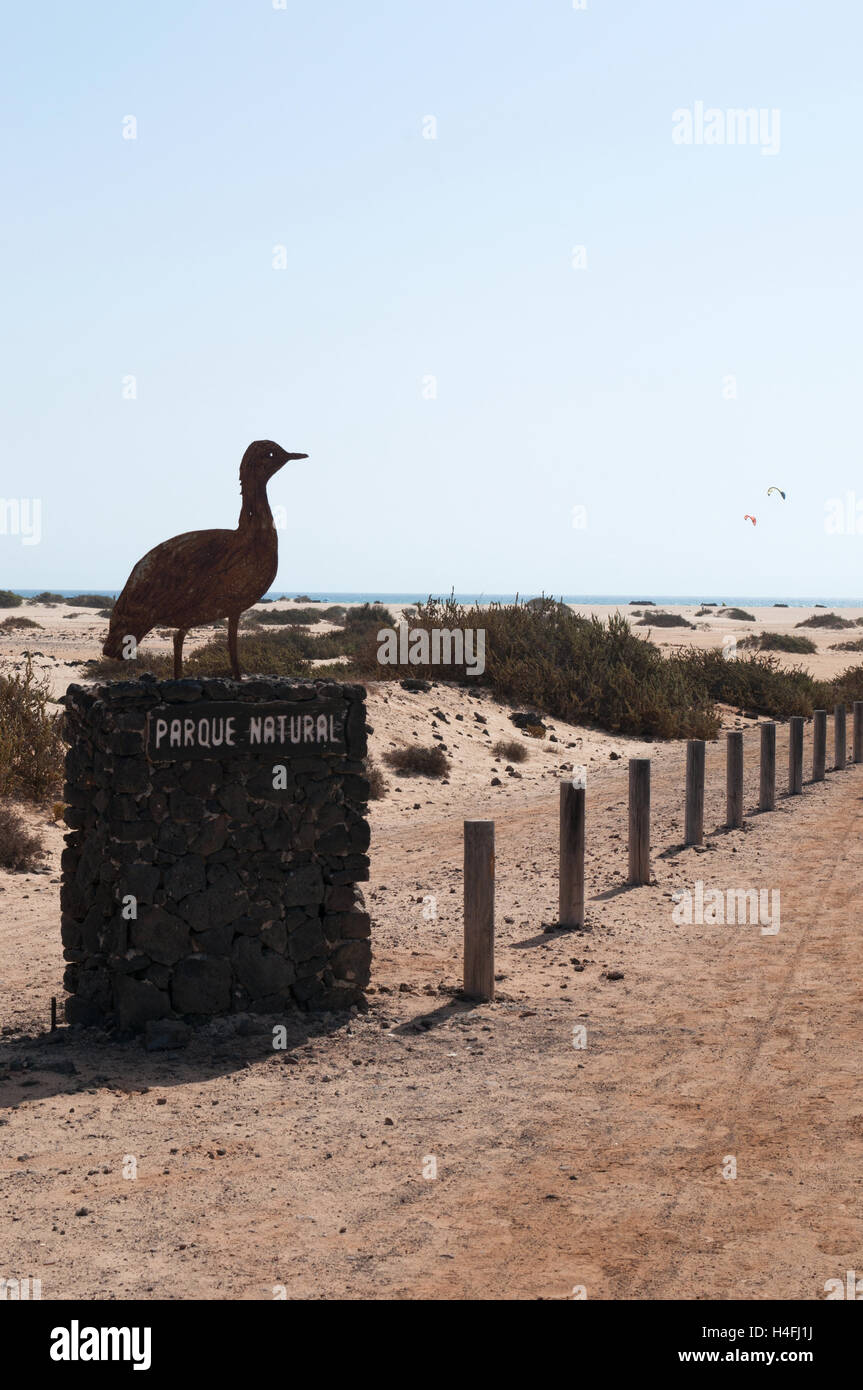 Fuerteventura : le signe de Sand Dunes National Park dans la forme d'un oiseau Banque D'Images