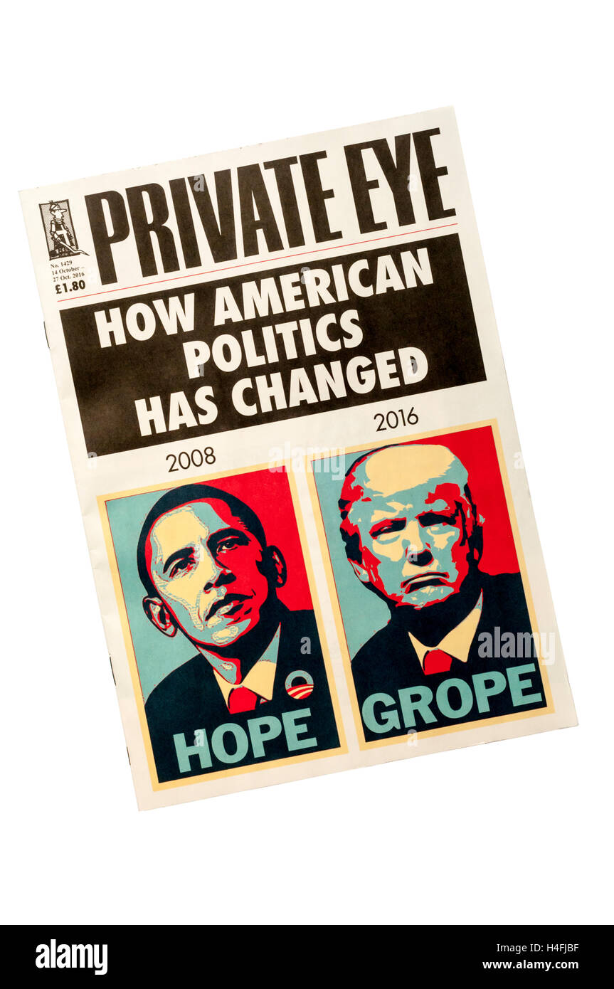 Couvrir de Private Eye, la vue de l'élection américaine 2016 avec Barack Obama & Donald Trump et les mots espoir et tâtonner. Banque D'Images