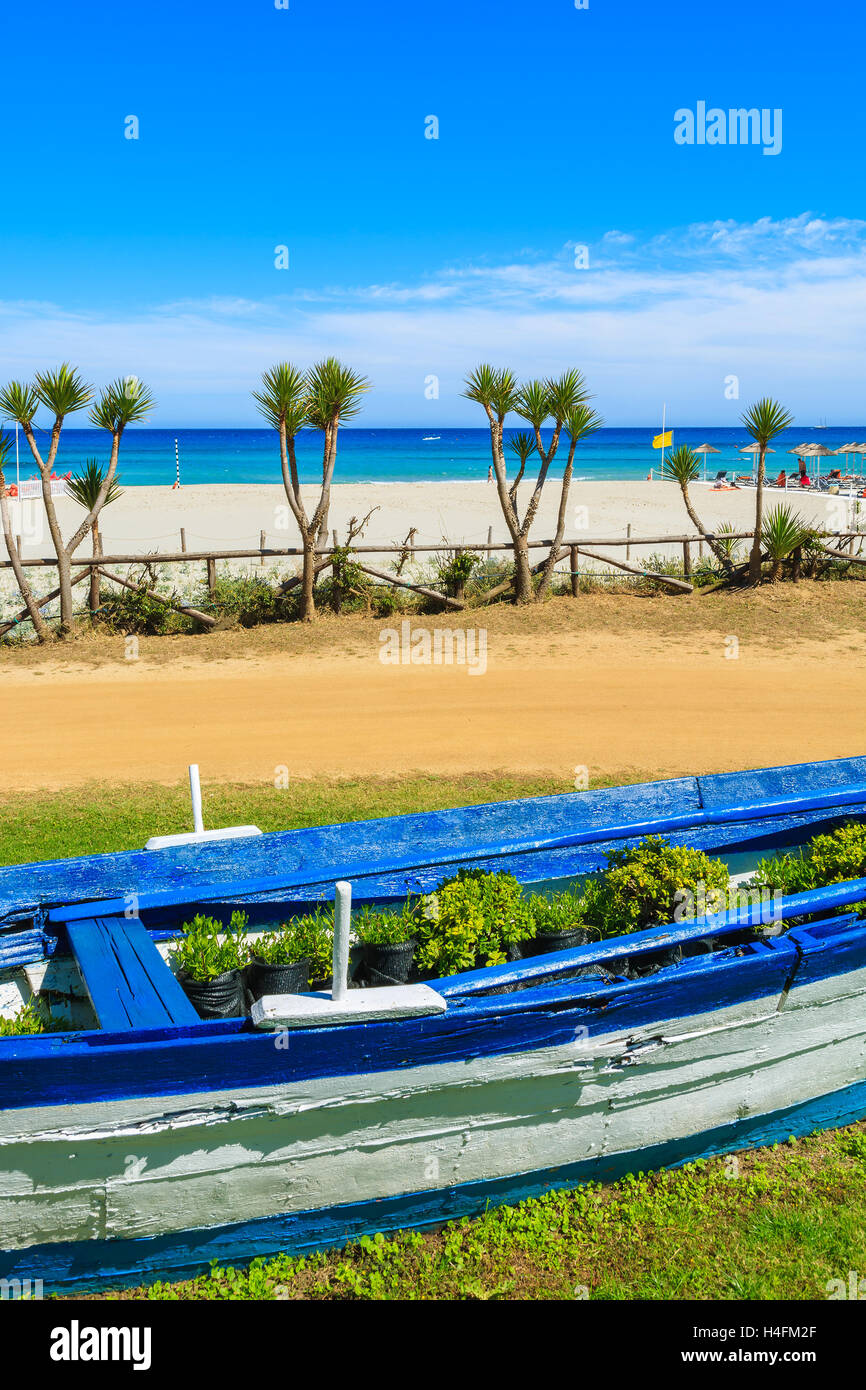 Couleur bleu et blanc comme bateau de pêche pot de fleurs sur la plage de Porto Giunco, Sardaigne, île, Italie Banque D'Images