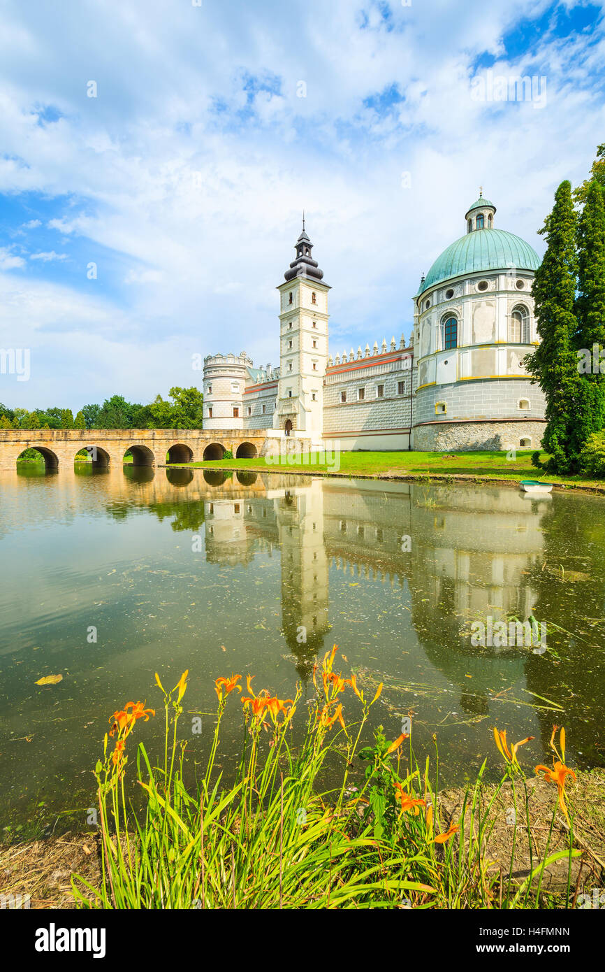 Fleurs sur le bord du lac et la réflexion de belles Krasiczyn château sur une journée ensoleillée, Pologne Banque D'Images