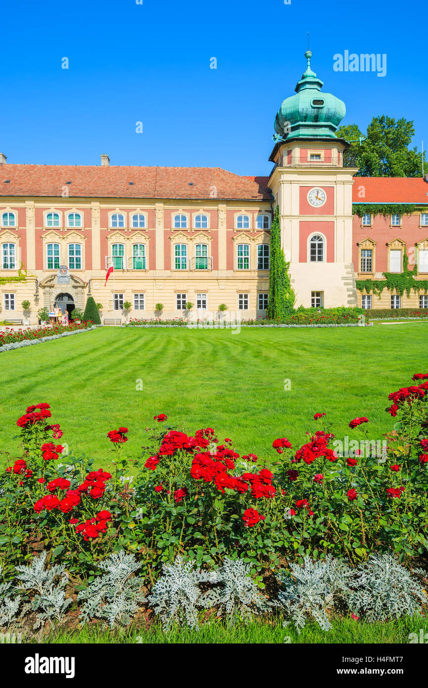 Roses rouges dans les jardins du château de Lancut magnifique aux beaux jours de l'été, Pologne Banque D'Images