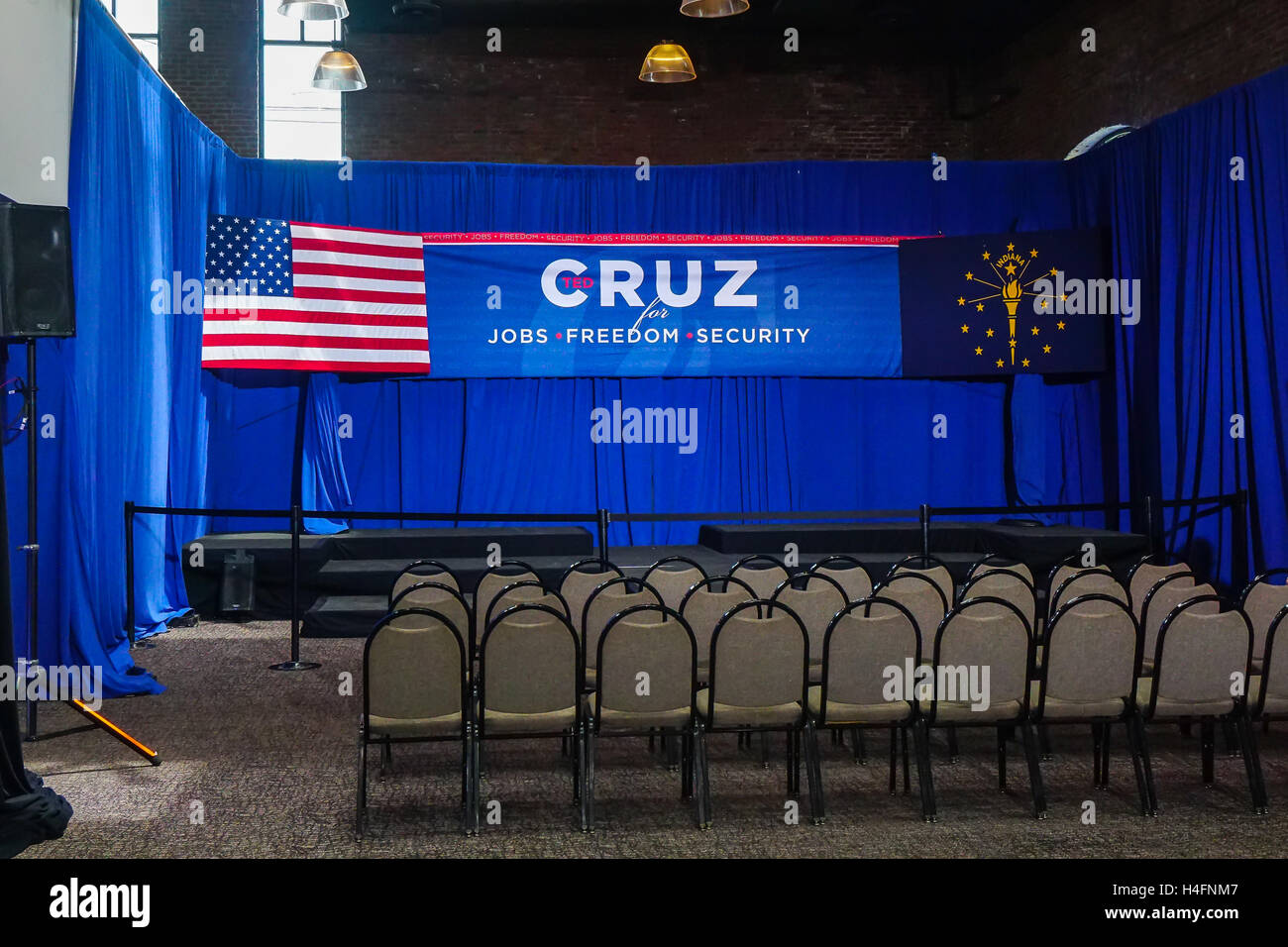 La scène vide au rassemblement avec Ted Cruz à Jeffersonville, Indiana. Banque D'Images