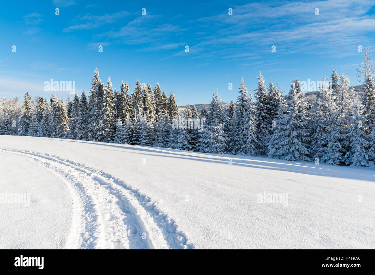 Sur la route d'hiver journée ensoleillée en montagnes Beskid Sadecki, Pologne Banque D'Images