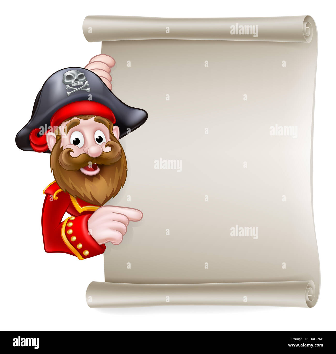 Pirate dessin animé oeil autour de pointant sur un signe de défilement Banque D'Images