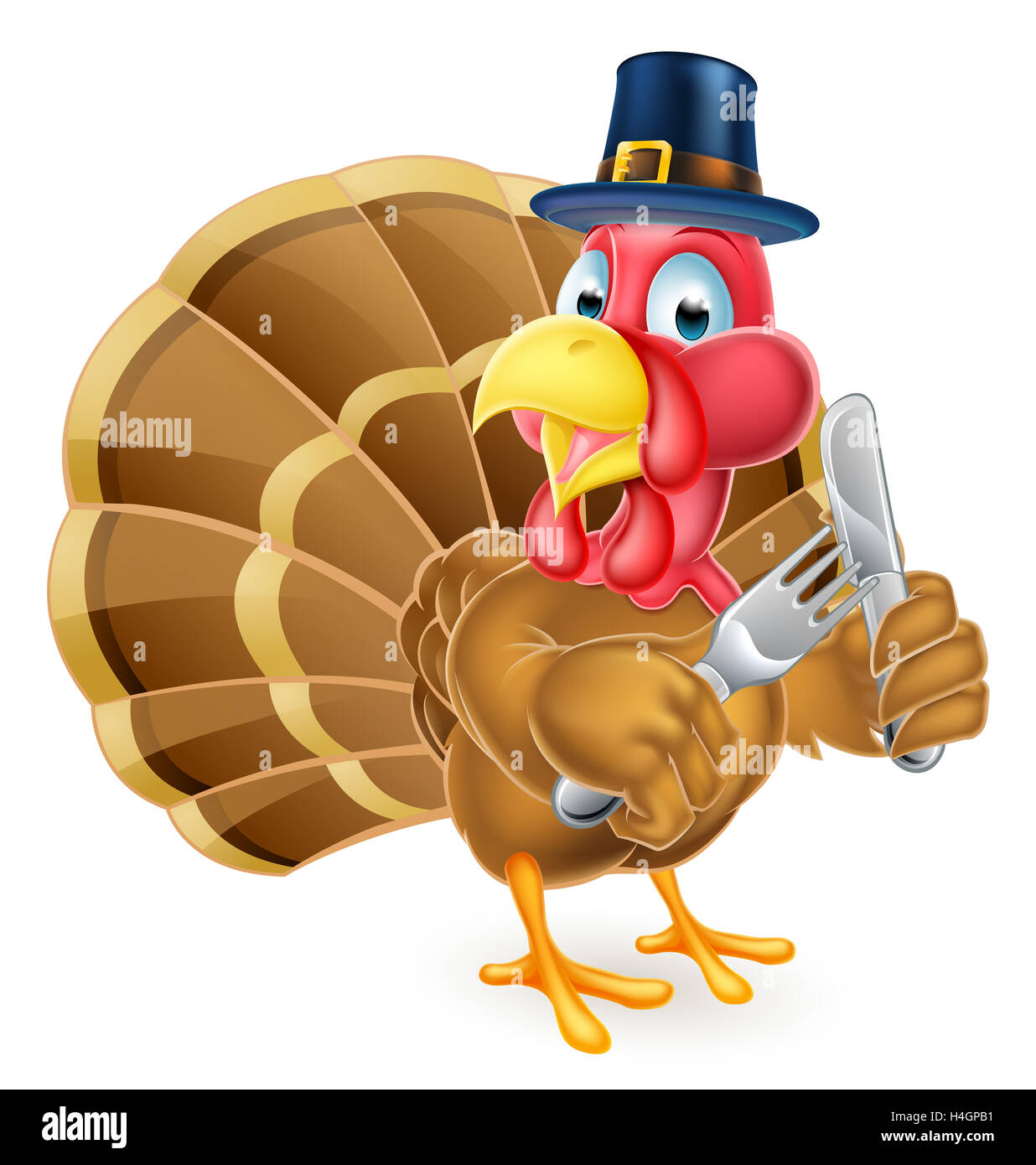 Un dessin de Turquie tenant un couteau et fourchette portant un chapeau de grâces pèlerin Banque D'Images