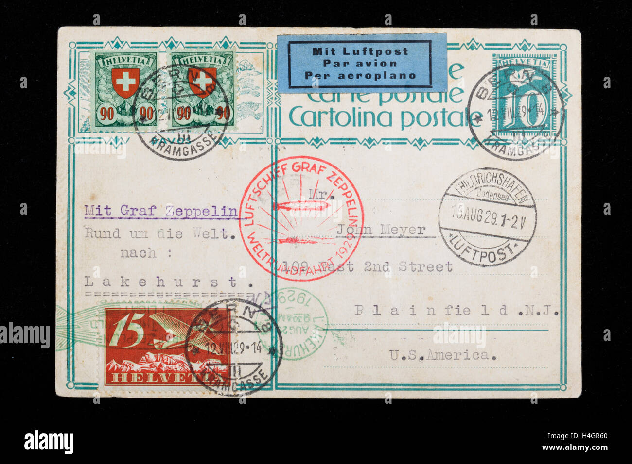 Carte Postale 1929 Zeppelin Tour Du Monde Vol Berne à