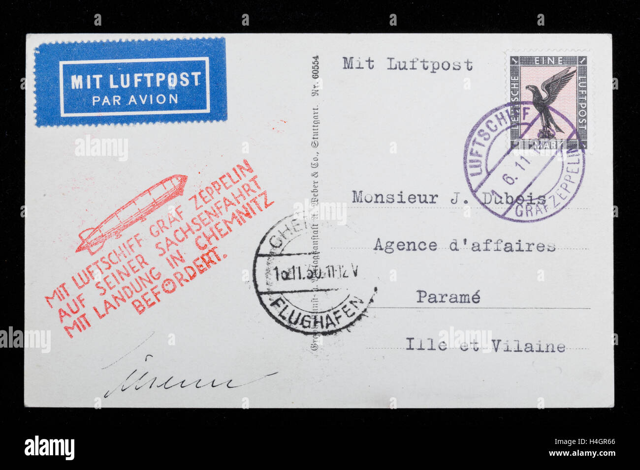 Carte postale courrier Zeppelin, Saxe vol à Chemnitz, sur le "Graf Zeppelin", 16.11.1930. Le cachet postal de ce conseil. Banque D'Images