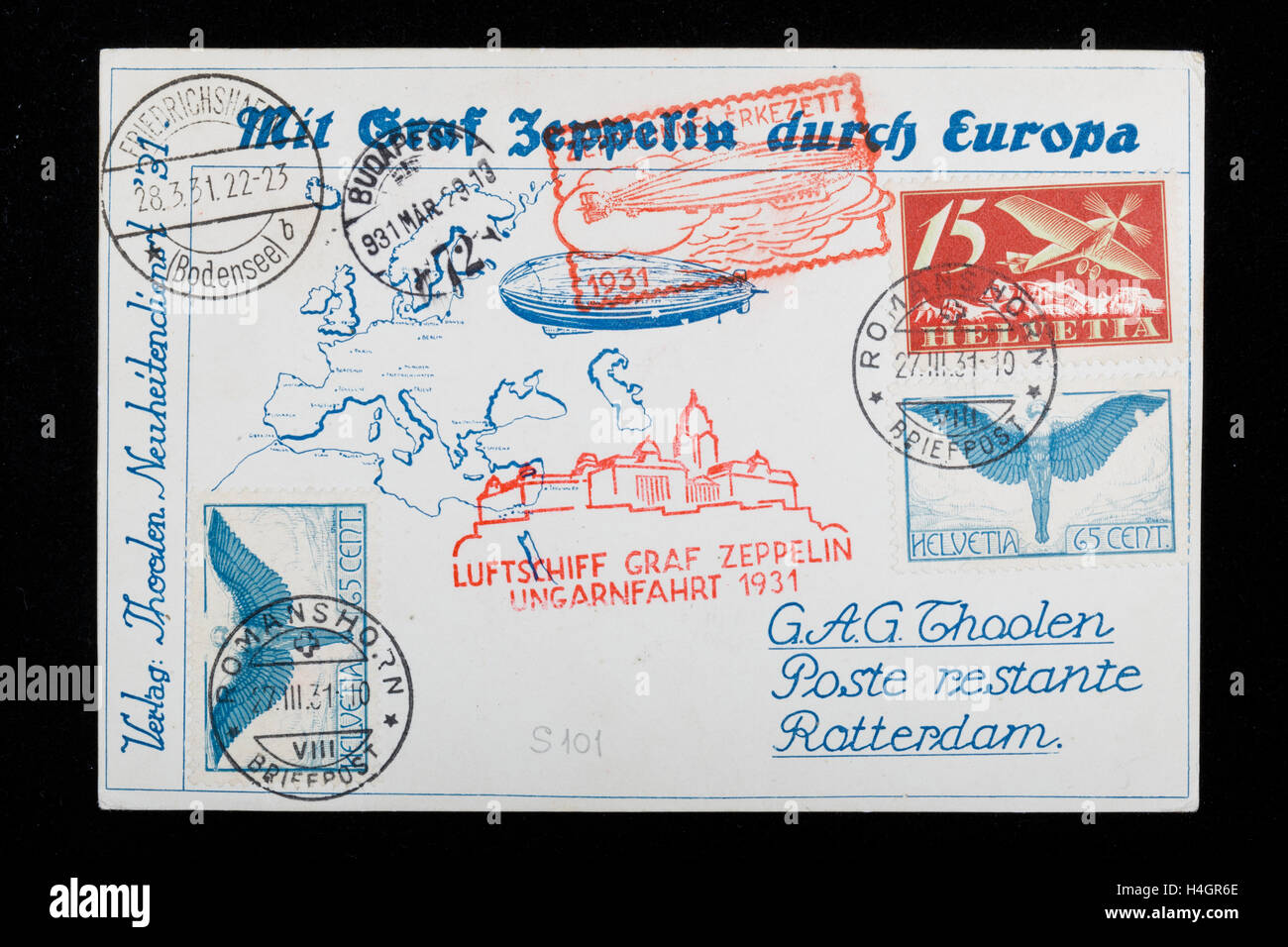 Carte postale courrier Zeppelin, Romanshorn à Budapest, via Friedrichshafen, sur le "Graf Zeppelin", 29.3.1931. Banque D'Images