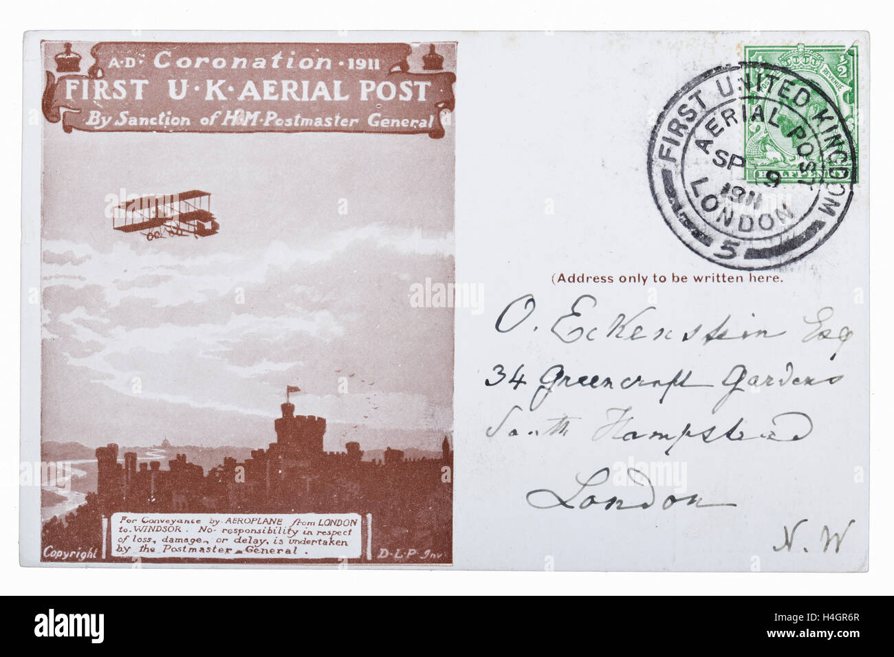 Premier poste aérienne britannique, ou air mail, card posté 9.9.1911 de Londres à Windsor Banque D'Images