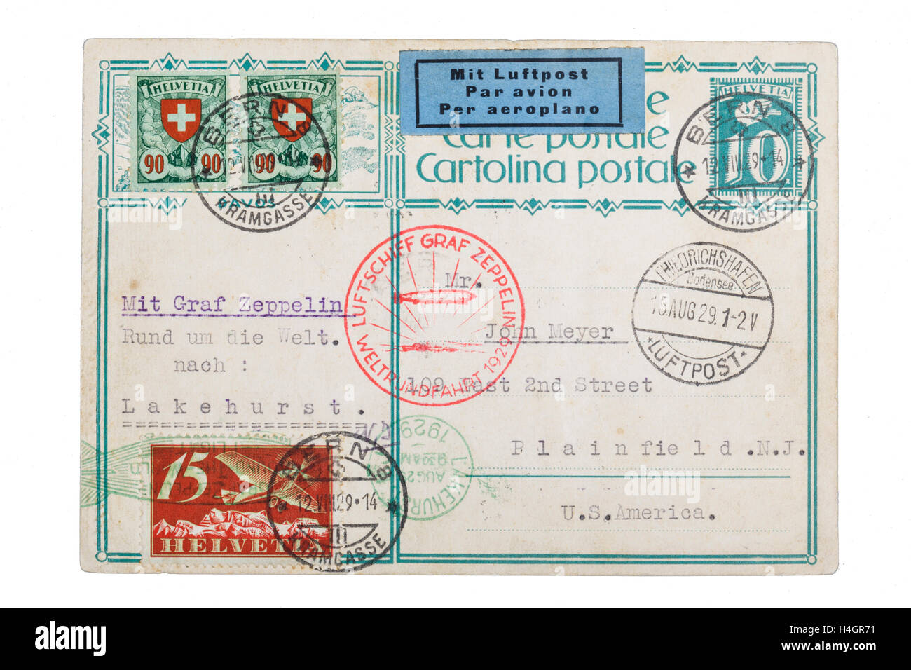 Carte postale 1929 Zeppelin, tour du monde vol, Berne à Tokyo à Los Angeles à Lakehurst, sur le Graf Zeppelin, 12.8.1929 Banque D'Images