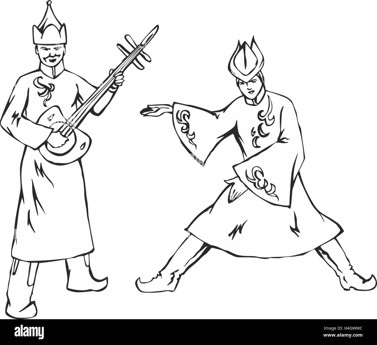 L'homme deux danseurs en costumes mongols national. En noir et blanc indiquant croquis vecteur. Banque D'Images