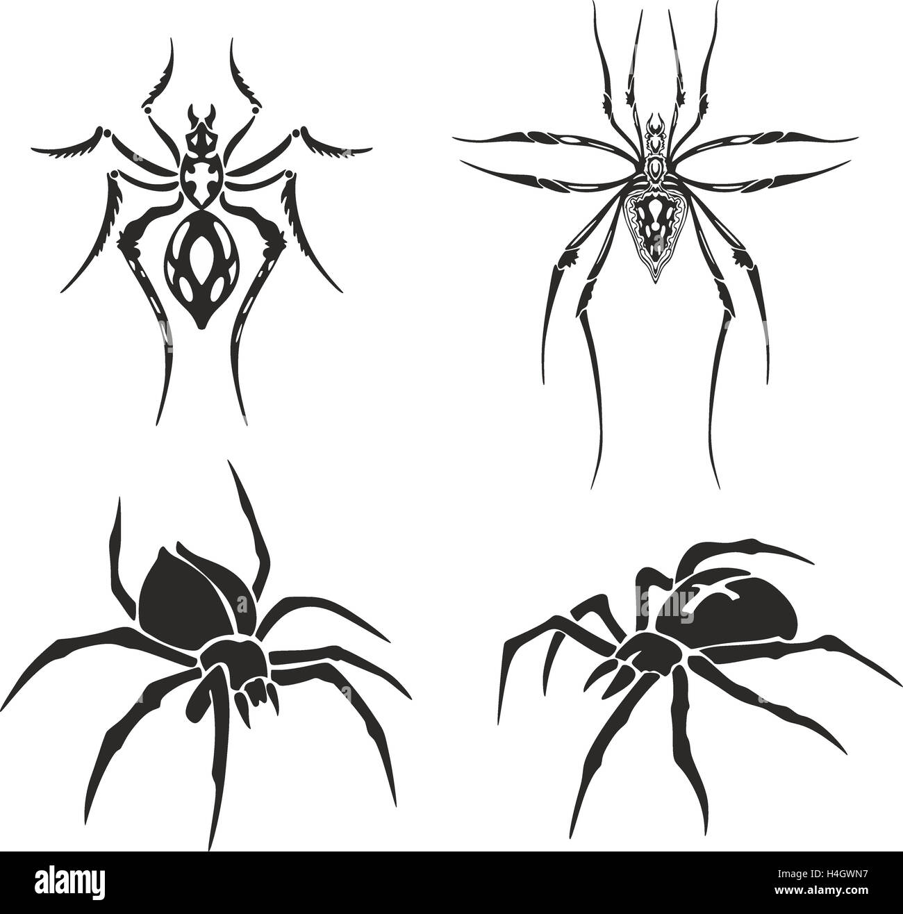 Tatouage noir et blanc ensemble d'araignées y compris ébauches symétriques Banque D'Images