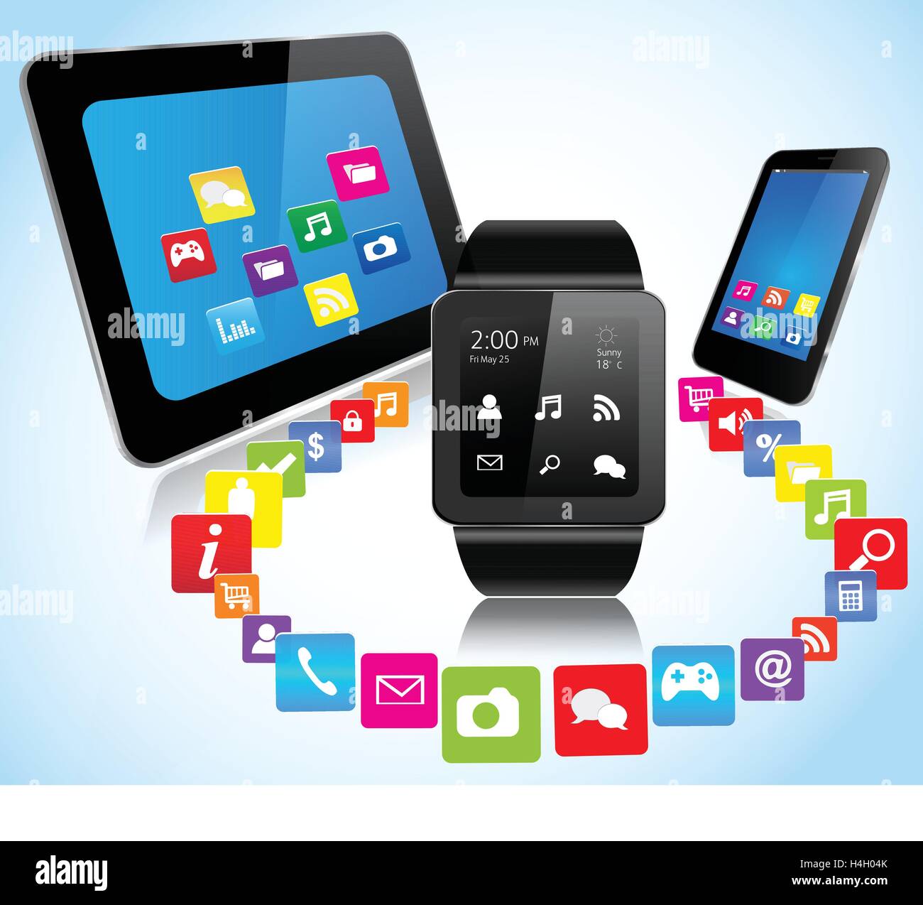 Smartwatch téléphones intelligents et tablettes apps Illustration de Vecteur