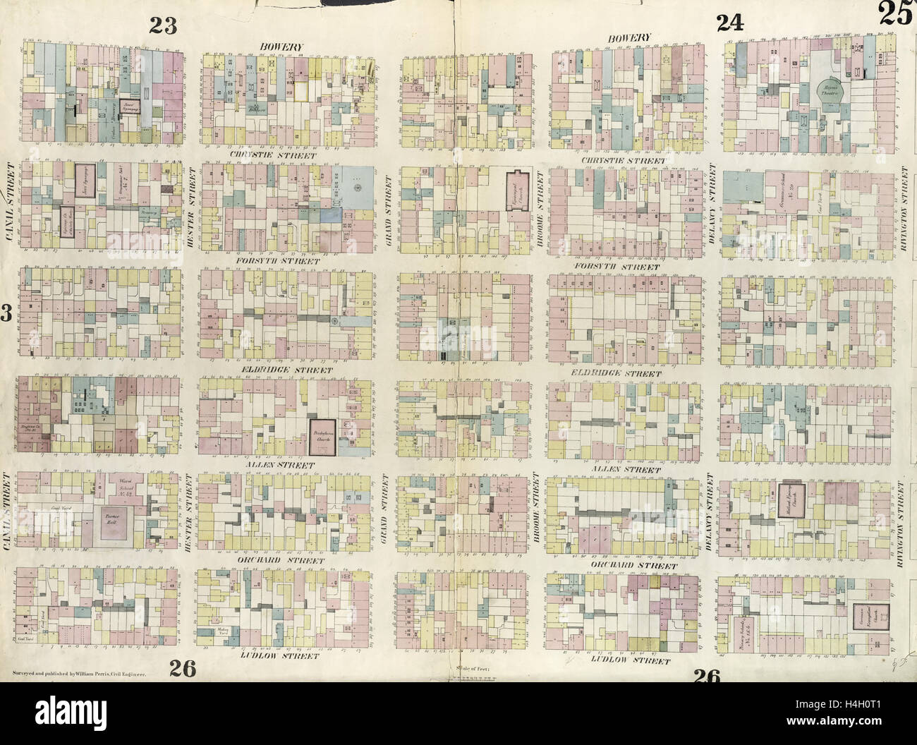 Planche 25 : carte délimitée par Rivington Street, Ludlow Street, Canal Street, The Bowery. 1857, 1862, Perris et Browne, New York, USA Banque D'Images