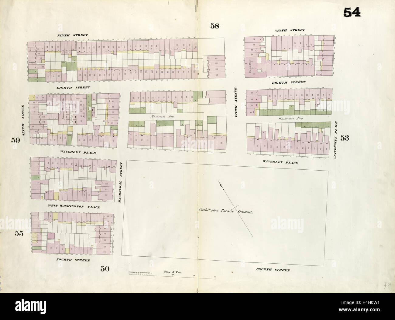 54 de la plaque : Site délimité par la 9e Rue, Université, 4e Rue, 6e Avenue. 1857, 1862, Perris et Browne, New York, USA Banque D'Images