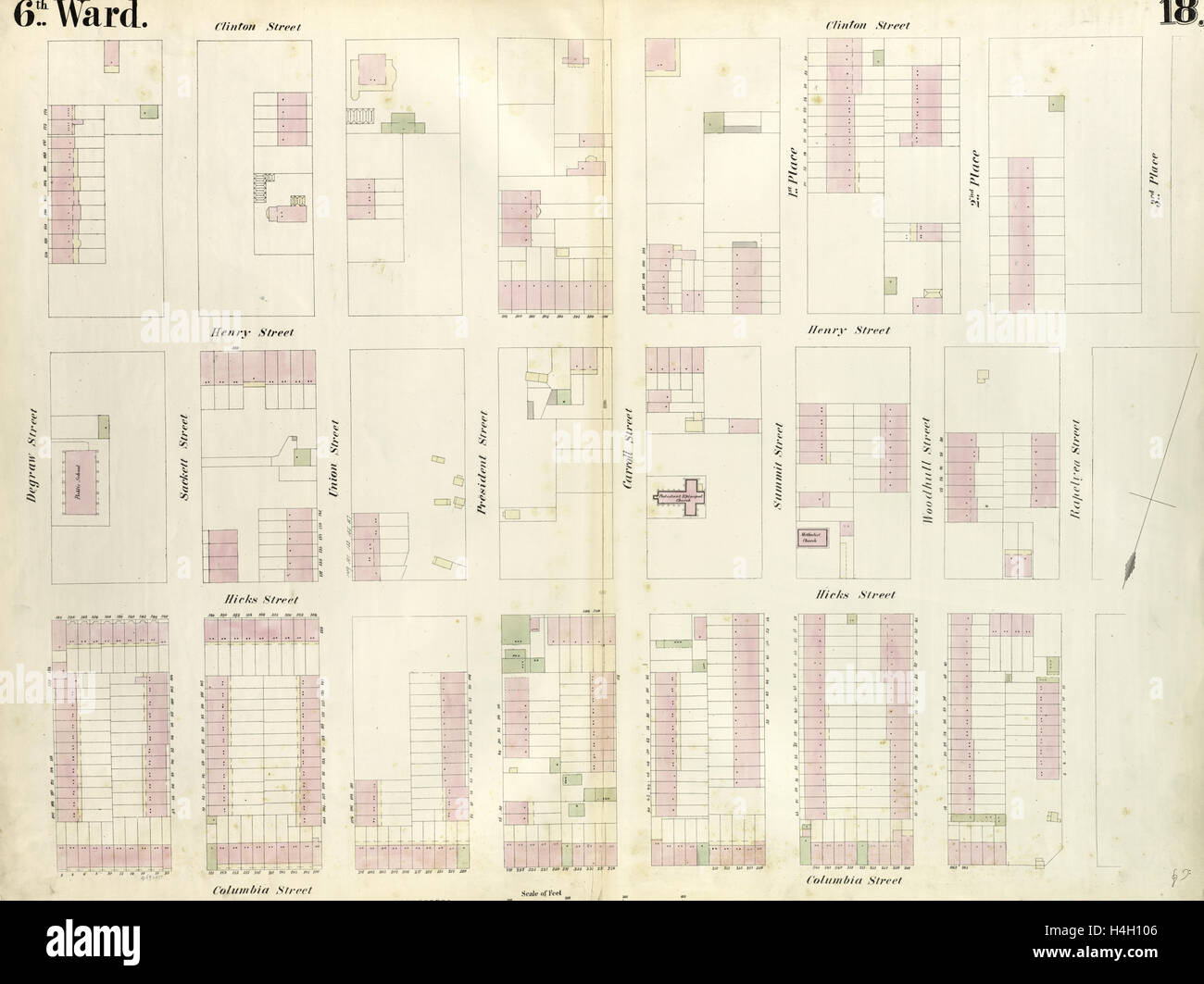 18 de la plaque : Site délimité par la rue Jacques Brel, Clinton Street, troisième lieu, Rapelye Street, Columbia Street. 1855, William Perris Banque D'Images