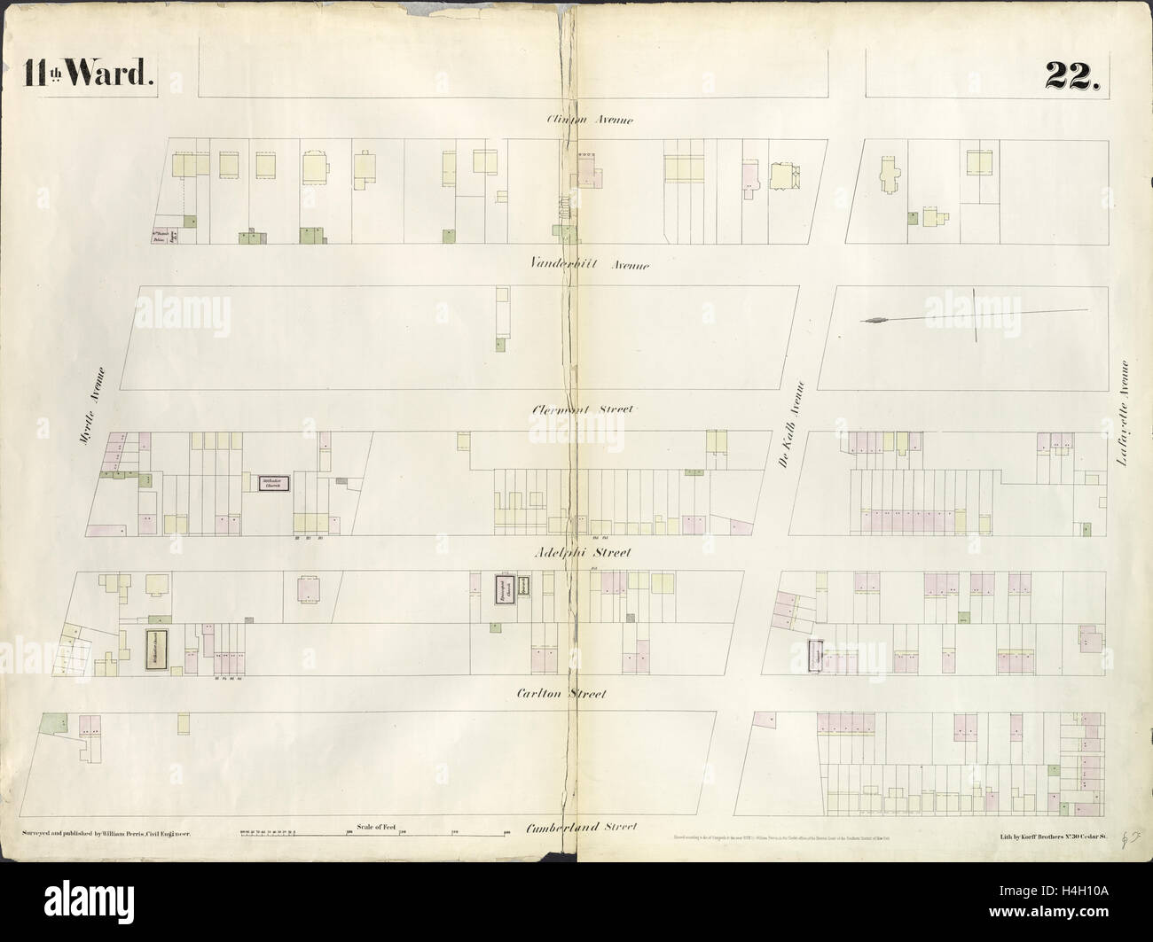 22 de la plaque : Site délimité par Myrtle Avenue, Clinton Street, Lafayette Avenue, rue Cumberland. 1855, William Perris, Brooklyn Banque D'Images