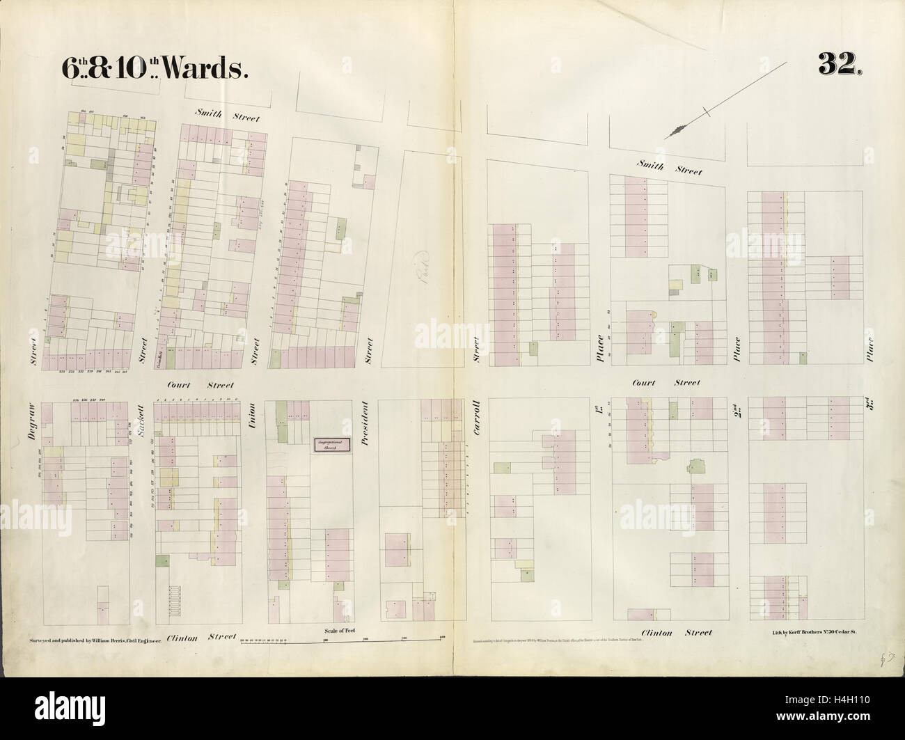 32 : Carte de la plaque délimité par la rue Jacques Brel, rue Smith, troisième lieu, Clinton Street. 1855, William Perris, Brooklyn, New York Banque D'Images