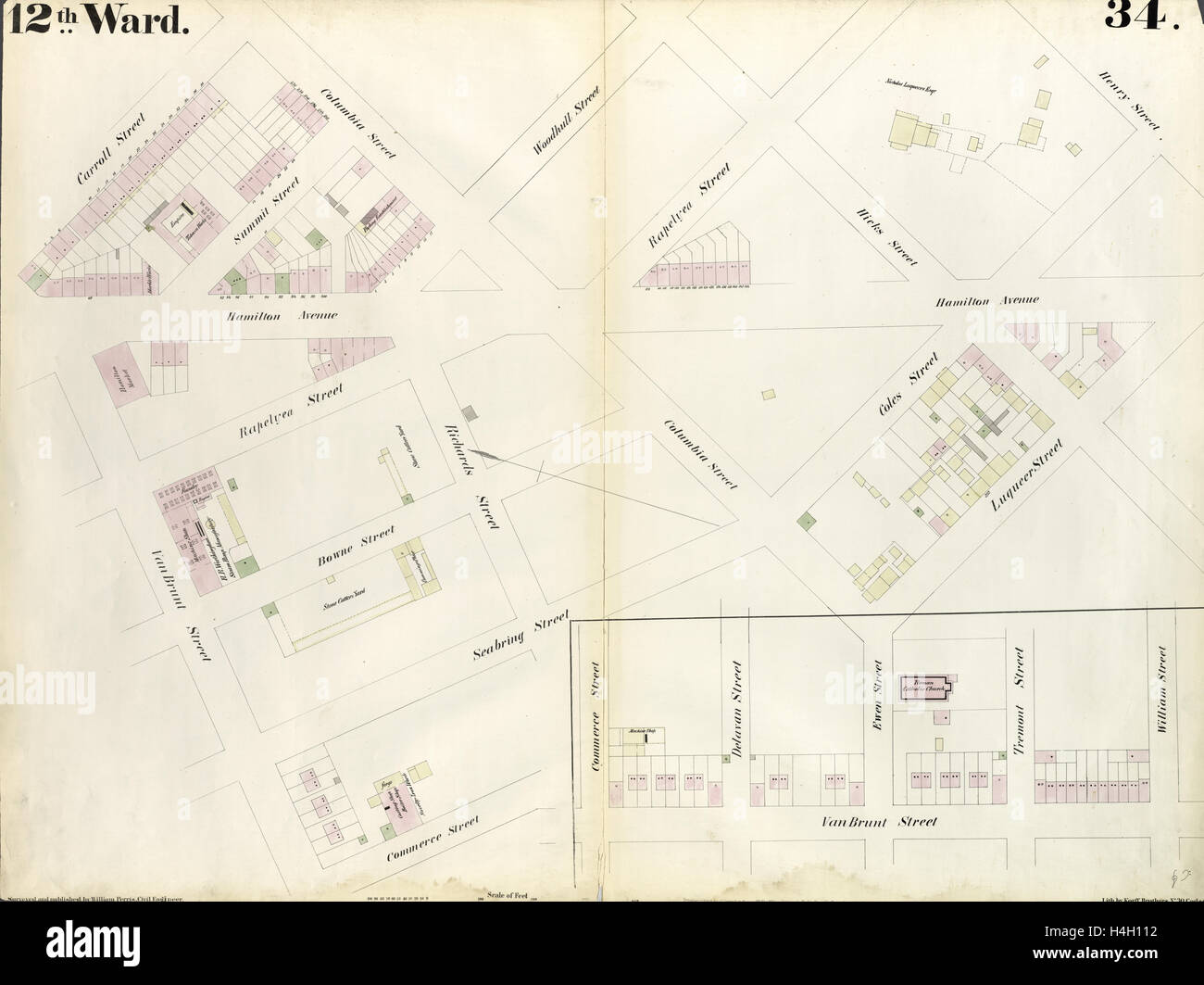 34 de la plaque : Site délimité par Carroll Street, Columbia Street, Rapelye Street, Henry Street, rue Luquer, Rue du Commerce Banque D'Images