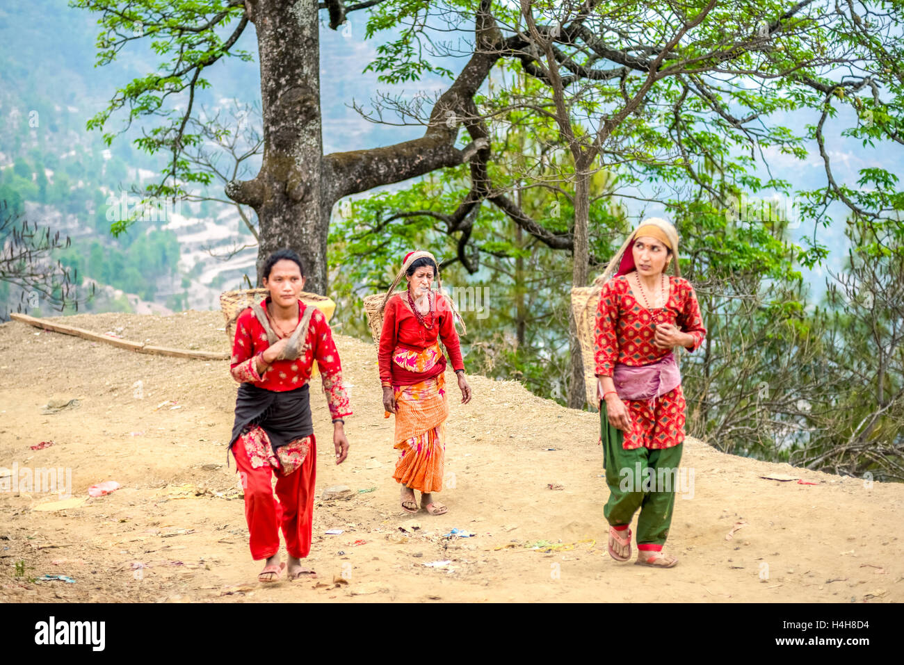 Les femmes népalaises portent des sacs traditionnels alors qu'elles marchent sur une route de terre dans le district de Kavrepalischowk, province de Bagmati, au Népal. Banque D'Images