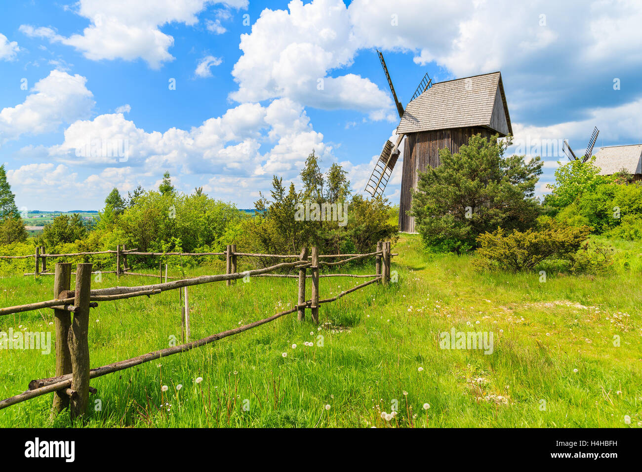 Moulin à vent en bois traditionnel sur pré vert, village Tokarnia, Pologne Banque D'Images