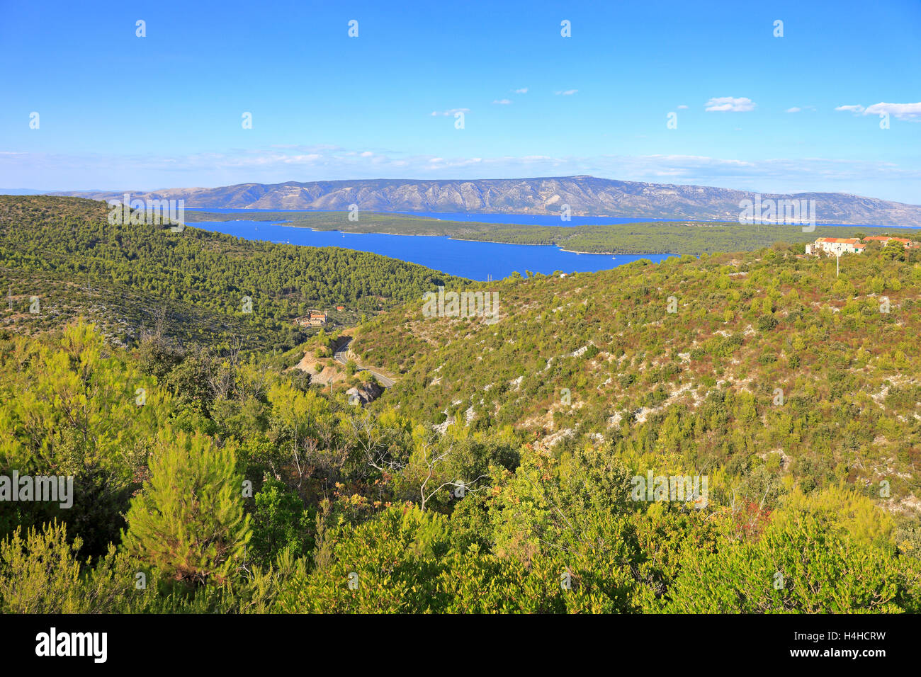 À la recherche en bas de la vallée de l''île de Brac Selca partout à l'île de Hvar, Croatie, Dalmatie, côte dalmate, l'Europe. Banque D'Images