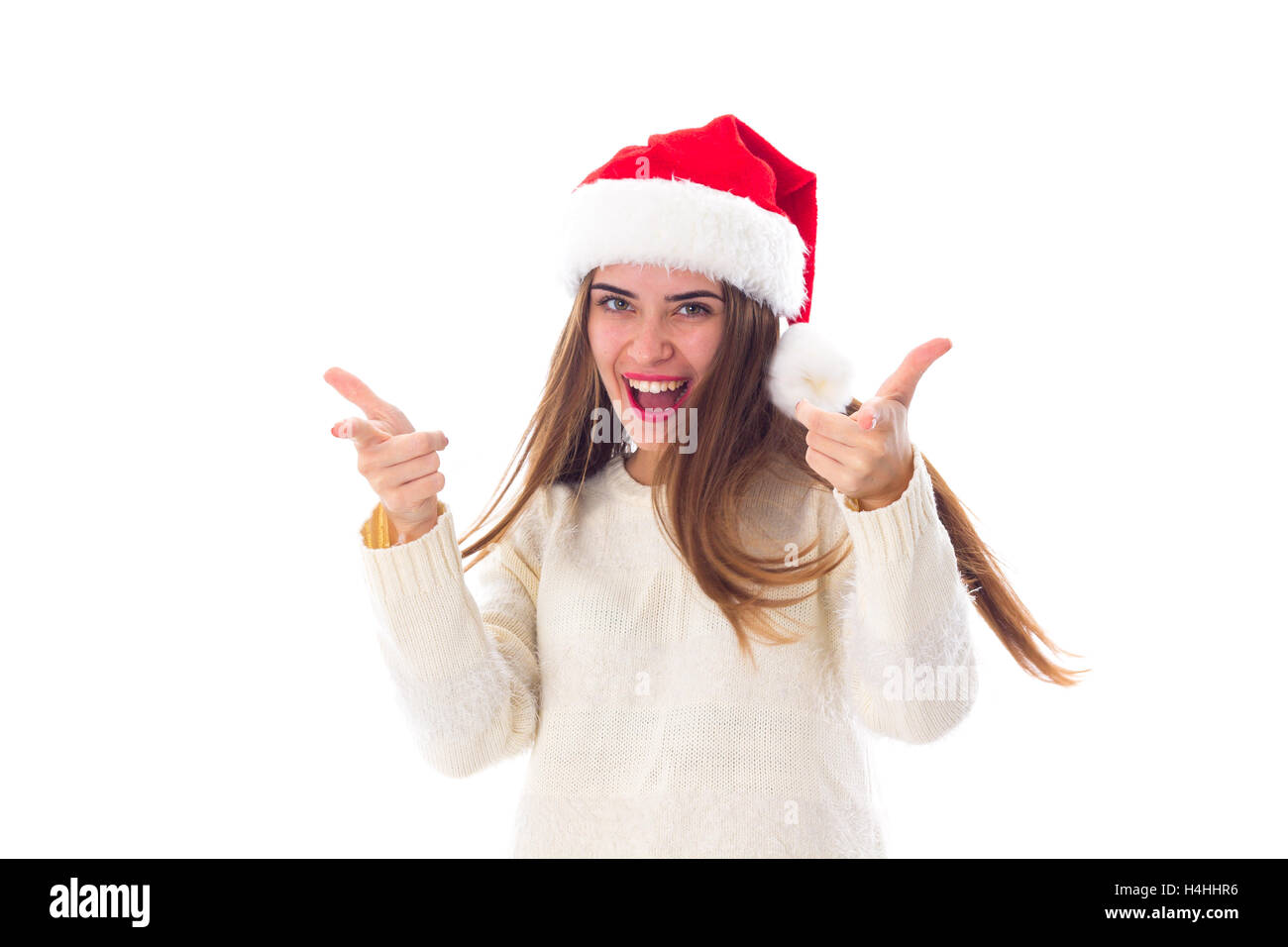 Woman in red christmas hat Banque D'Images