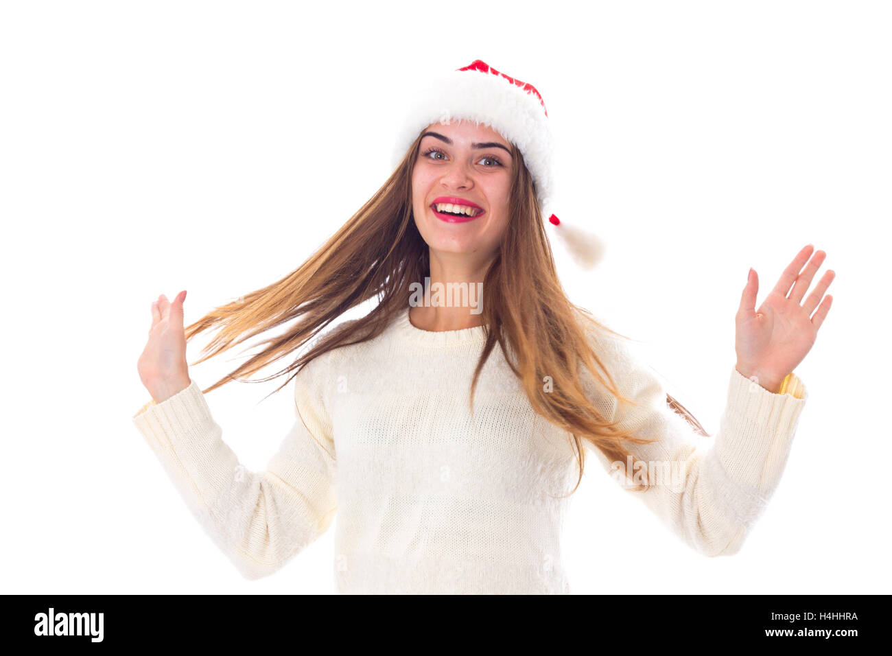 Woman in red christmas hat Banque D'Images