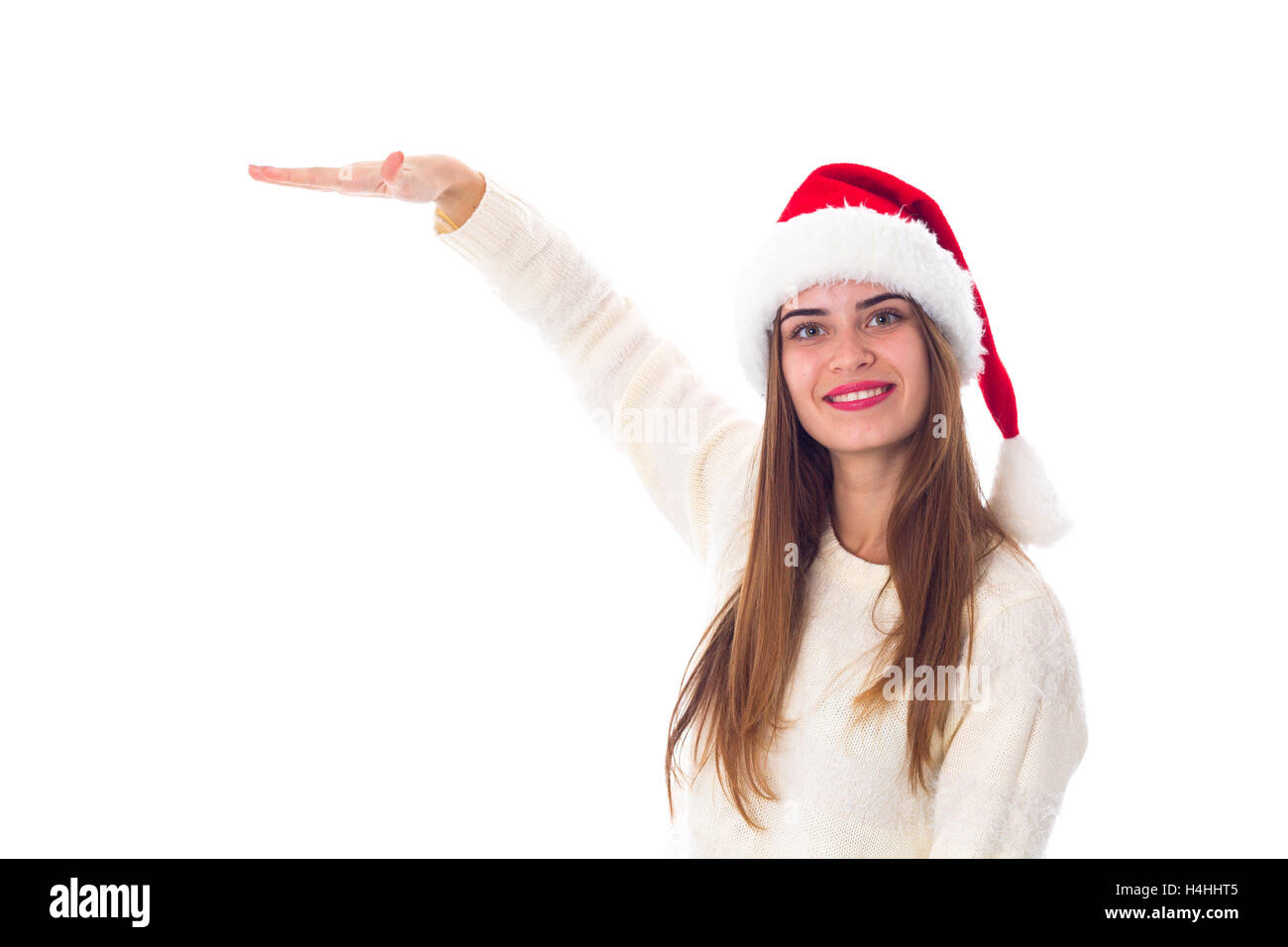 Woman in red christmas hat Banque D'Images