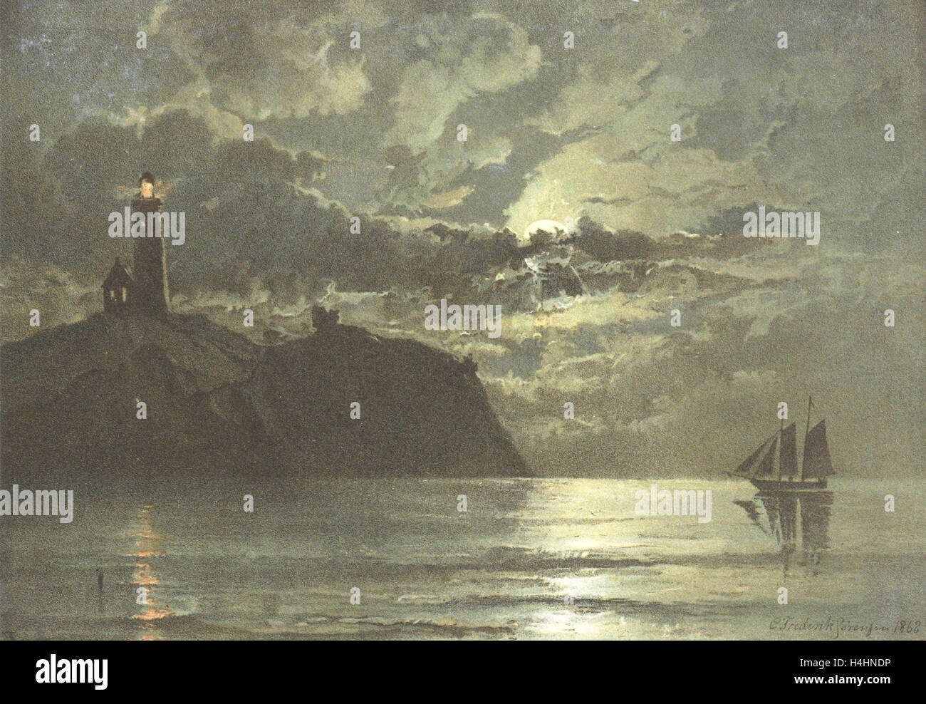 Peinture d'un phare dans la nuit de C. Frederick Sorensen, Anonyme, 1862 - 1876 Banque D'Images