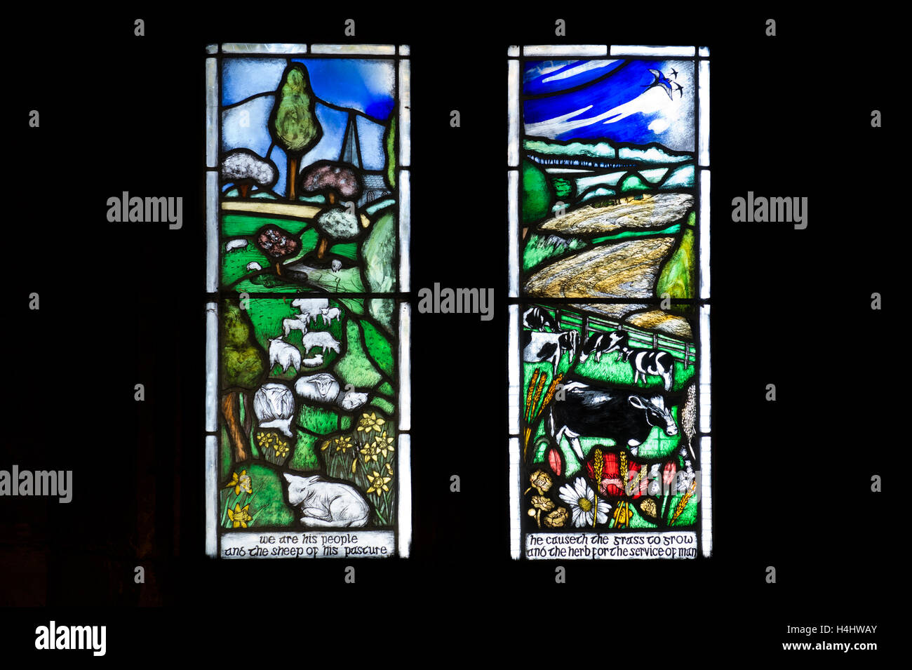 Printemps et de l'vitraux de l'église St Barthélemy. Notgrove, Cotswolds, Gloucestershire, Angleterre Banque D'Images