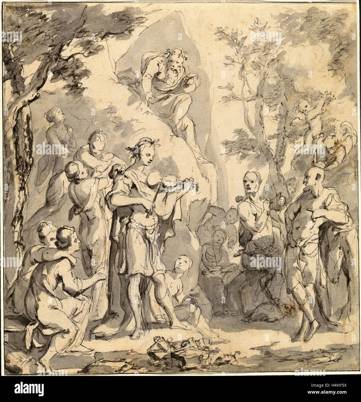 Johann, Spillenberger allemand (1628-1679), le concours entre Apollon et Pan avant que le roi Midas, c. 1670, plume et encre grise Banque D'Images
