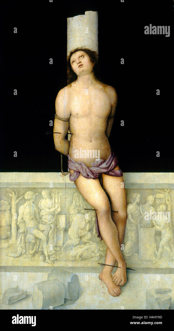 Amico Aspertini, Saint Sébastien, italien, 1474-1475-1552, ch. 1505, huile sur panneau Banque D'Images