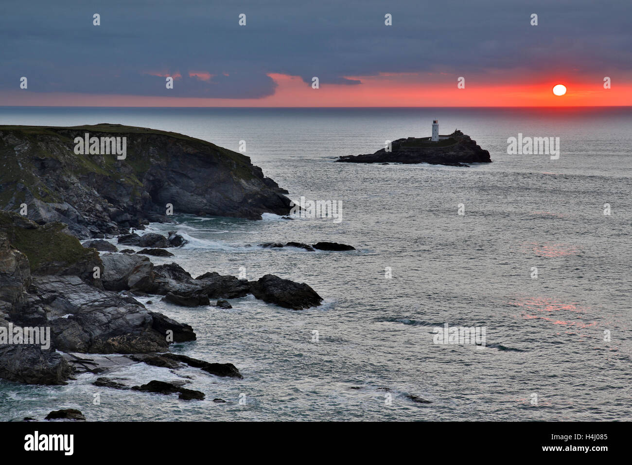 Godrevy ; coucher du soleil ; De Navax Point, Cornwall, UK Banque D'Images