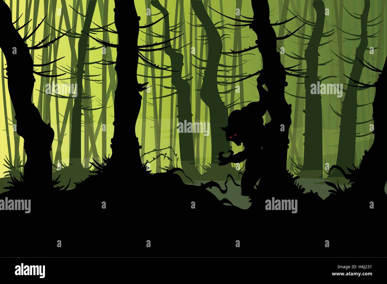 Vector illustration d'un loup-garou se cache dans une forêt de nuit avec brouillard creepy Illustration de Vecteur