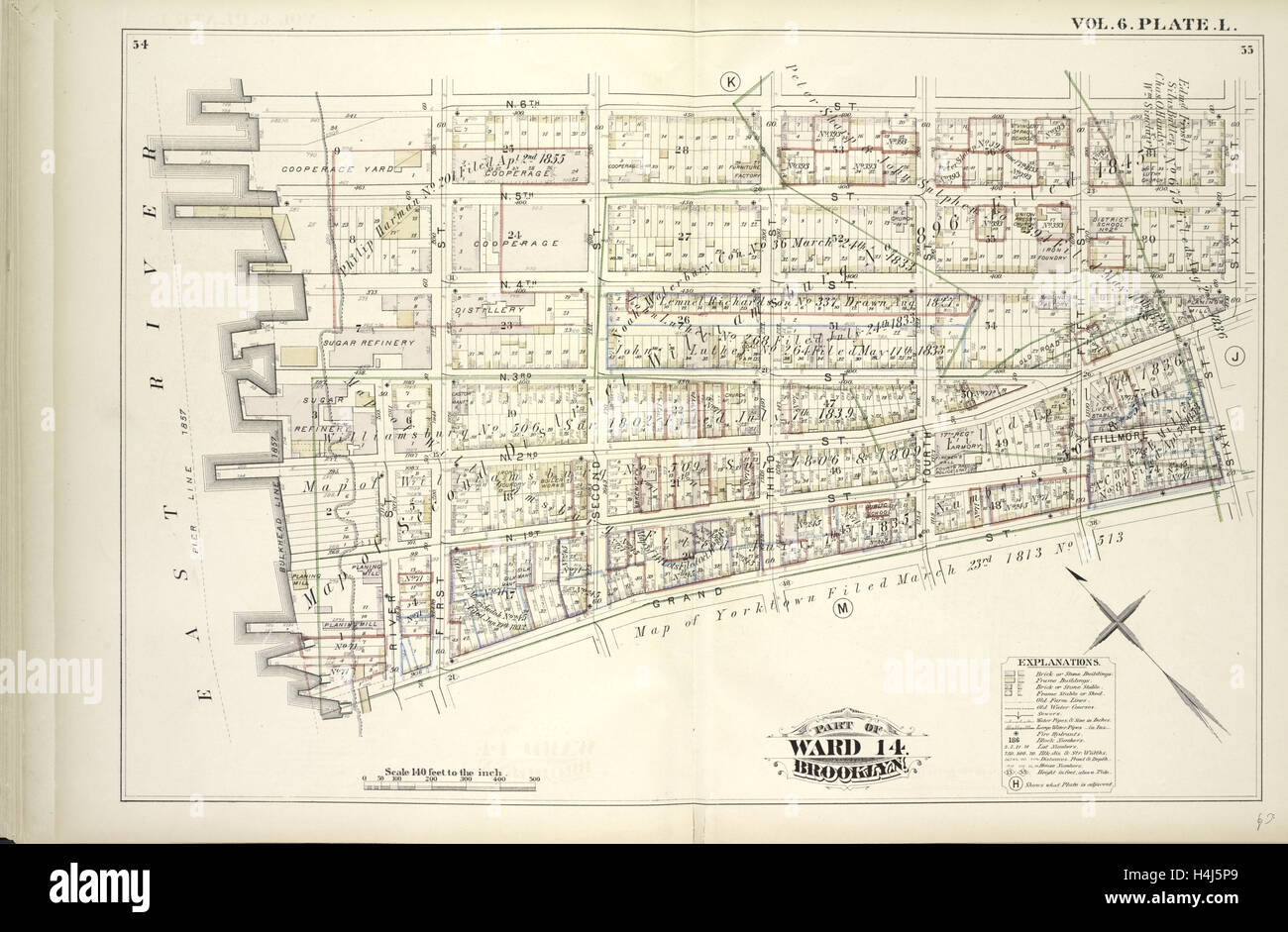 Tome 6. Plaque, L. Site lié par N.la 6e Rue, sixième St., grand fleuve, East River ; y compris N.5th St., N.4ème rue, N.3rd St. Banque D'Images