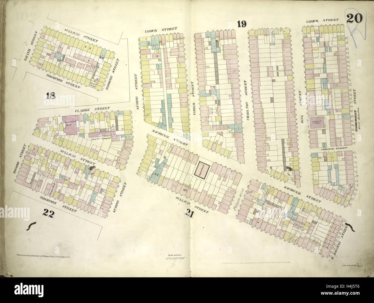 Assiette 20 : carte délimitée par Sullivan, rue Varick Street, West Houston Street, Spring Street, Thompson Street, Broome Street Banque D'Images