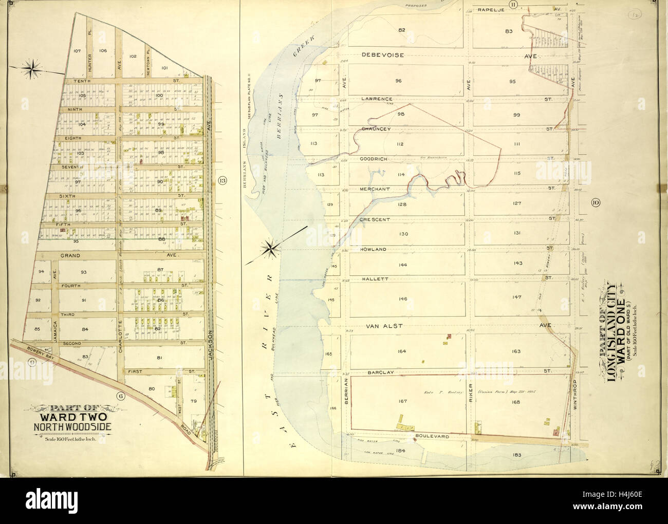 Les reines, tome 2, plaque Double Page n° 12 ; partie de deux quartiers au Nord de bois ; site délimité par Bowery Road, Jackson Avenue. Banque D'Images