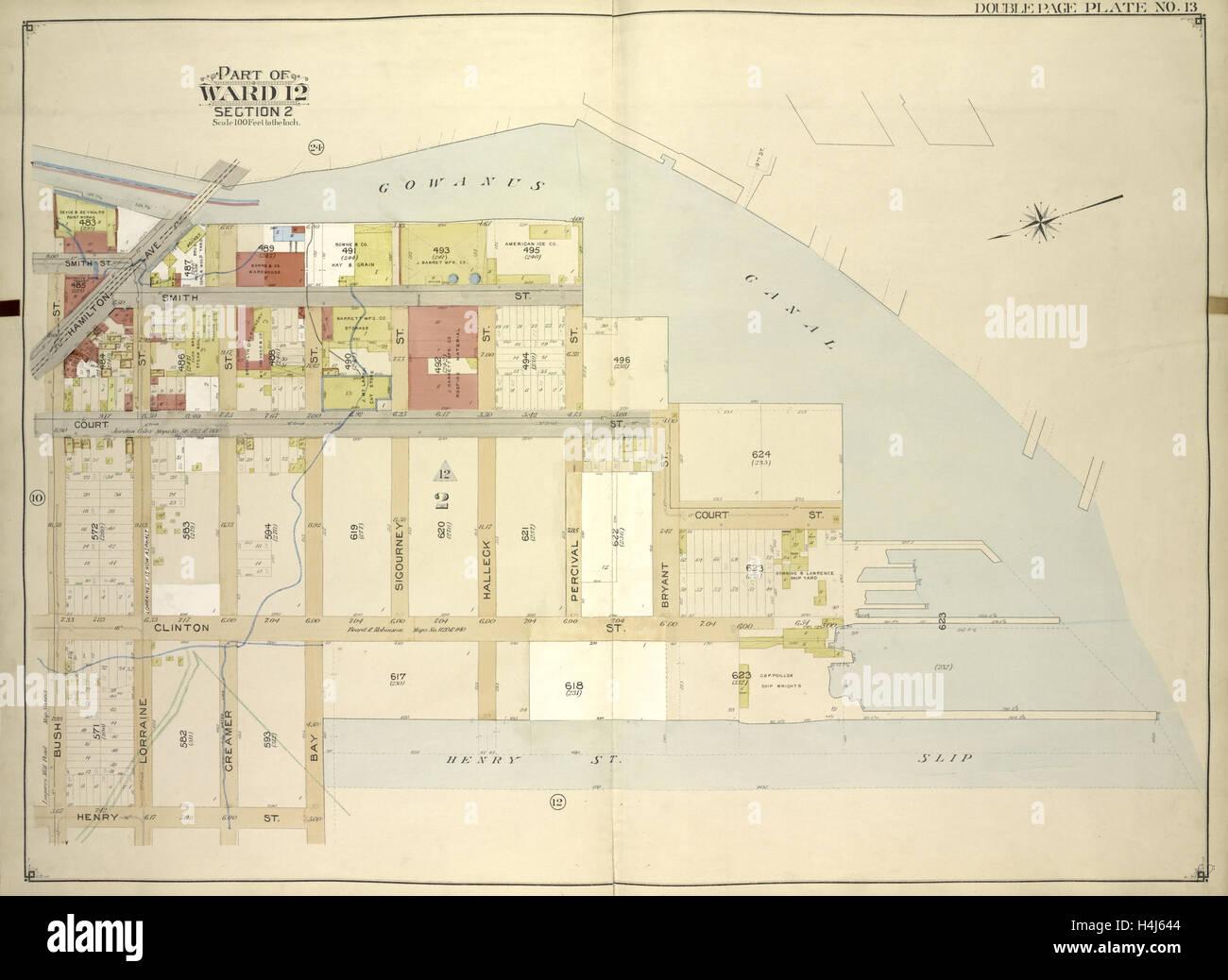 Brooklyn, Volume 1, Double Page n° 13 de la plaque ; fait partie du quartier 12, Section 2 ; site délimité par Canal Gowanus, Henry St., Bush St. Banque D'Images