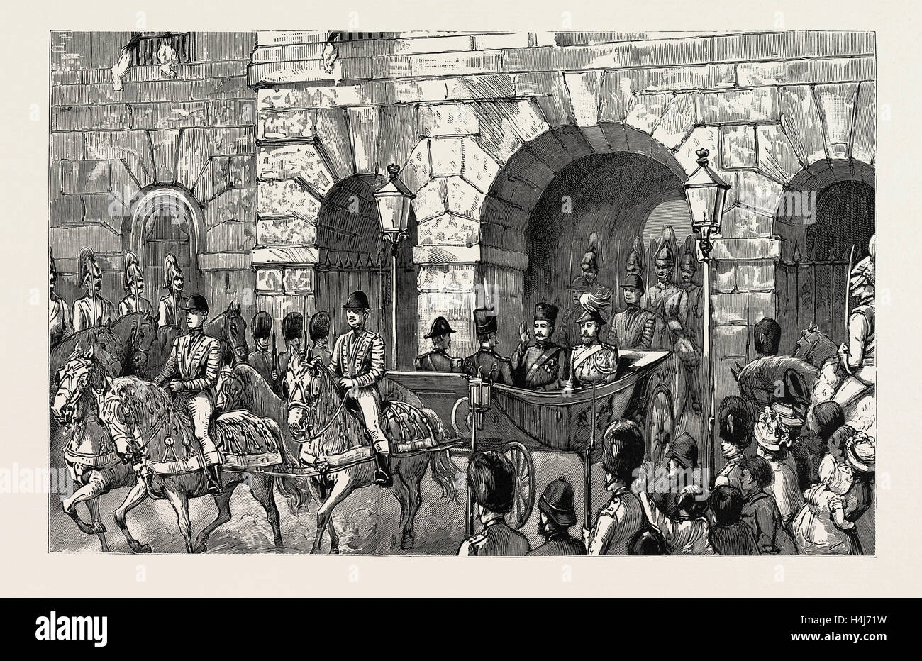 Le shah de Perse EN ANGLETERRE : LA PROCESSION PASSANT PAR LA CAVALERIE DE LA GARDE SUR LE CHEMIN DE Buckingham Palace, 1889, UK Banque D'Images