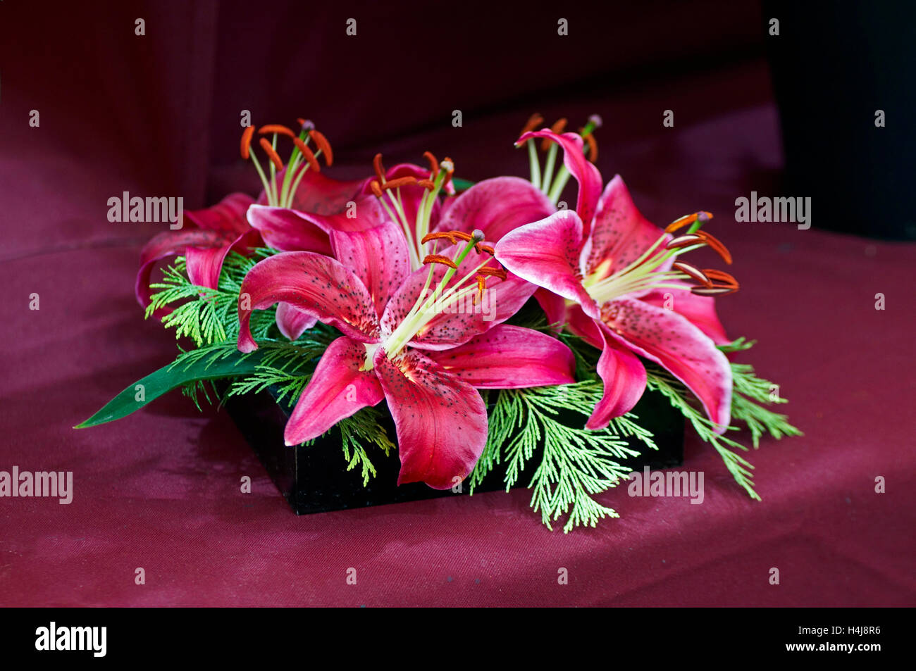 Arrangement floral rose avec oriental Lilium 'Monter Zuma' Banque D'Images