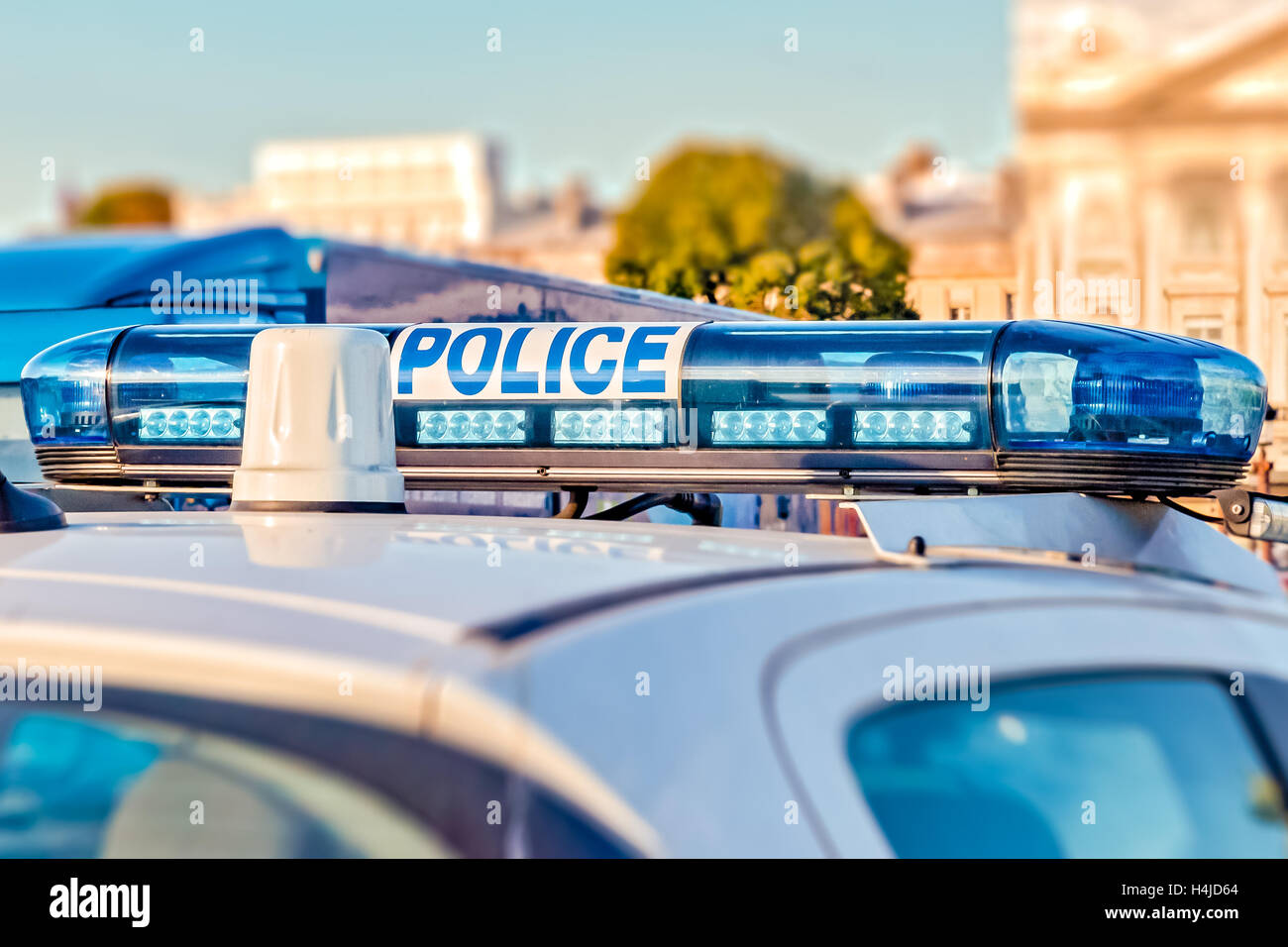 La barre d'éclairage de voiture de police français Banque D'Images