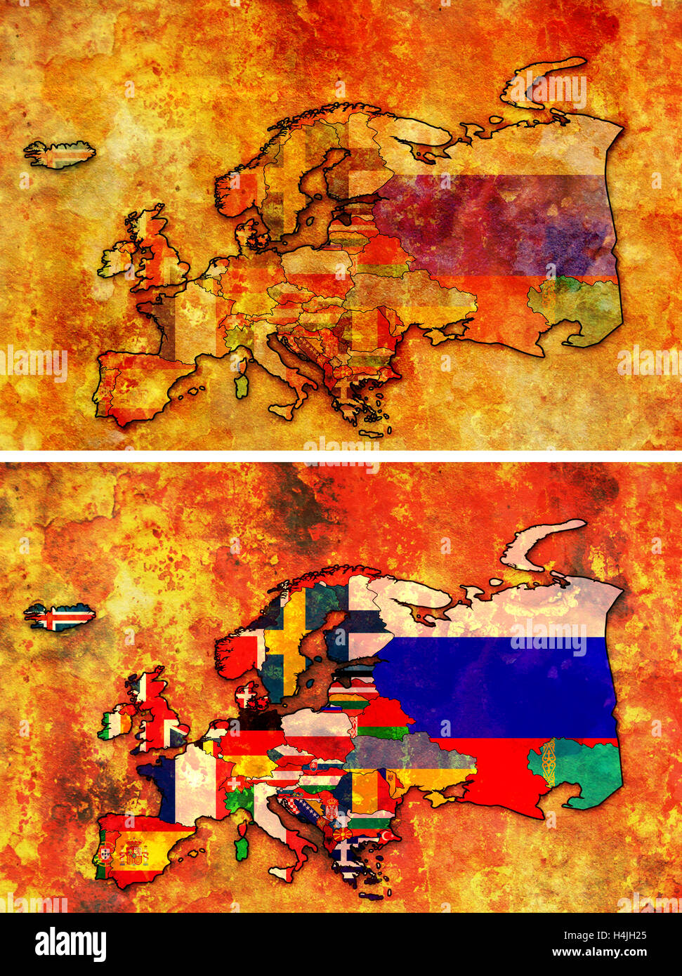 Quelques vieux grunge carte des pays européens avec des drapeaux Banque D'Images