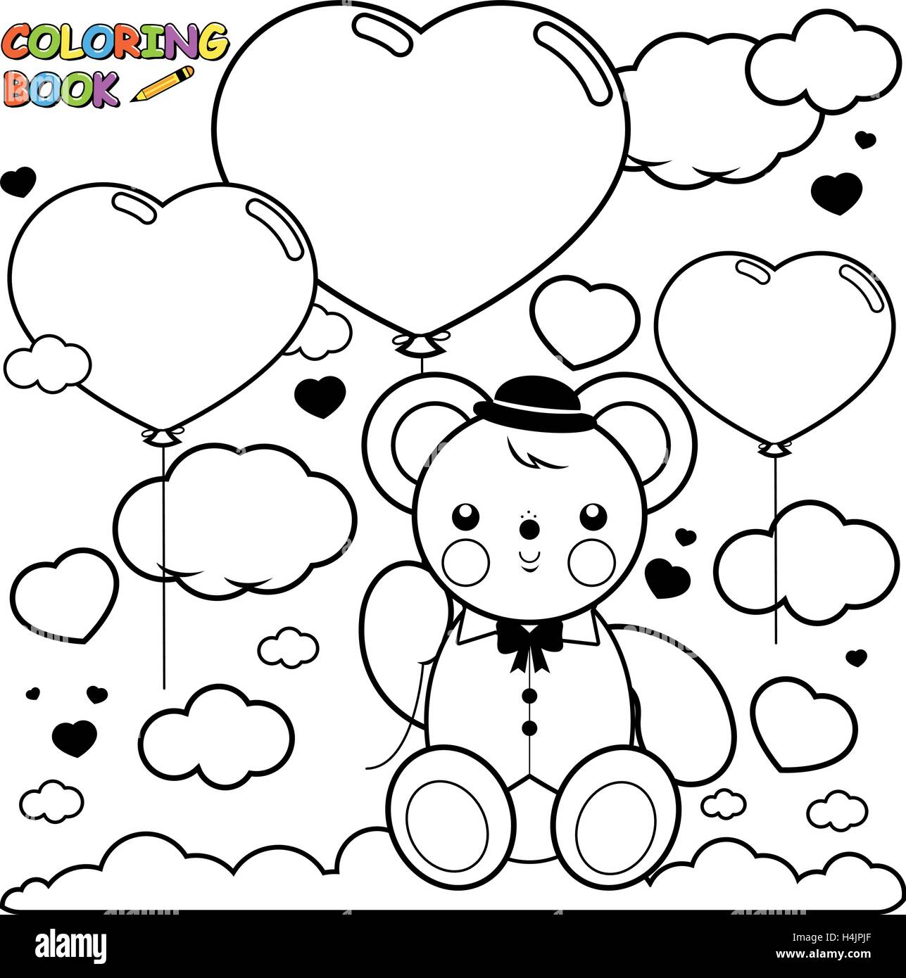 Ours en peluche et ballons dans le ciel. Bébé ours en peluche tenant un ballon en forme de coeur dans le ciel. Page de coloriage noir et blanc vectoriel. Illustration de Vecteur