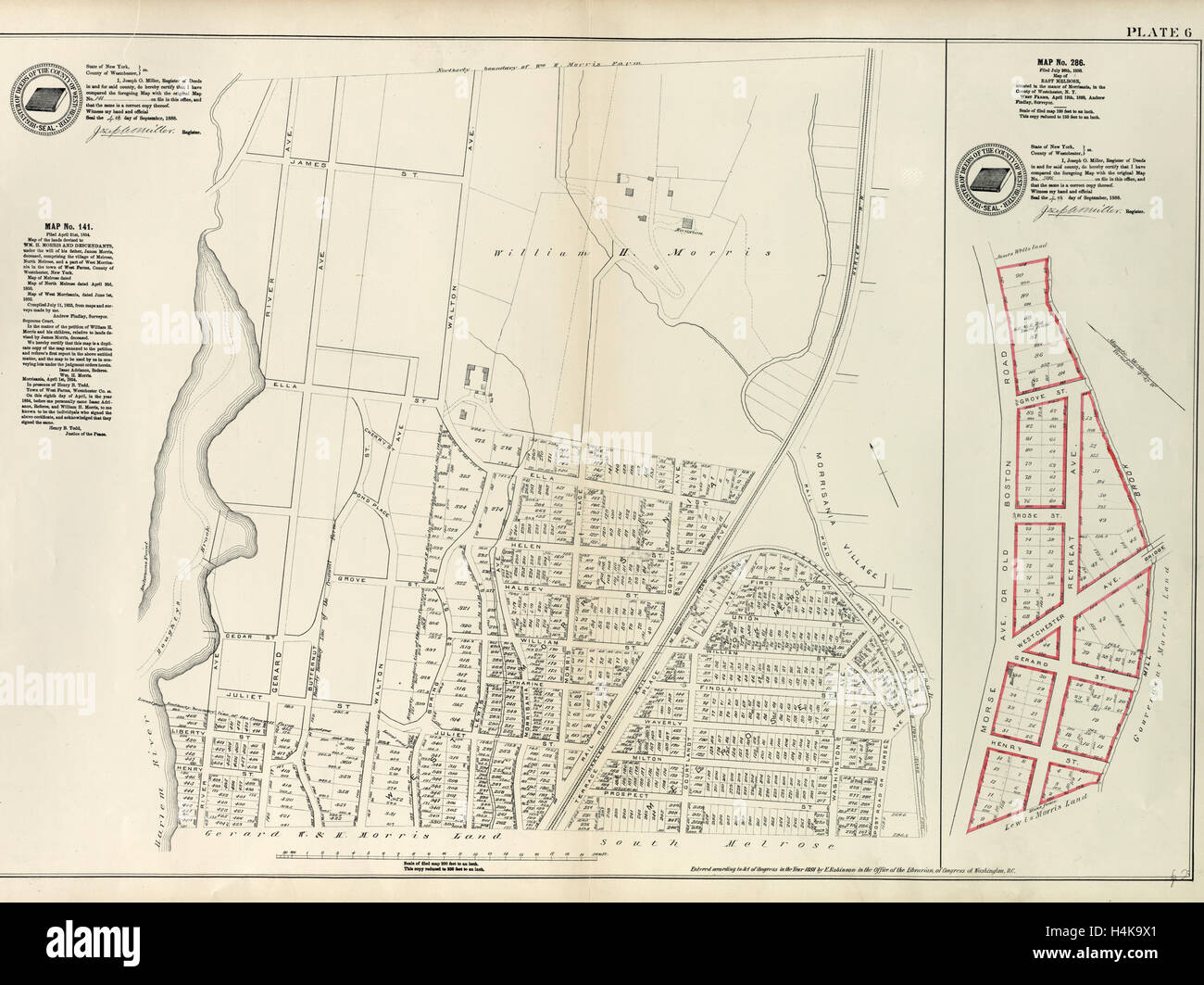 Planche 6 : Carte no 141 délimité par la rue James, Wm. Morris ferme, Rail Road Avenue, rue Prospect, Juliette, Rue Gerard Street Banque D'Images