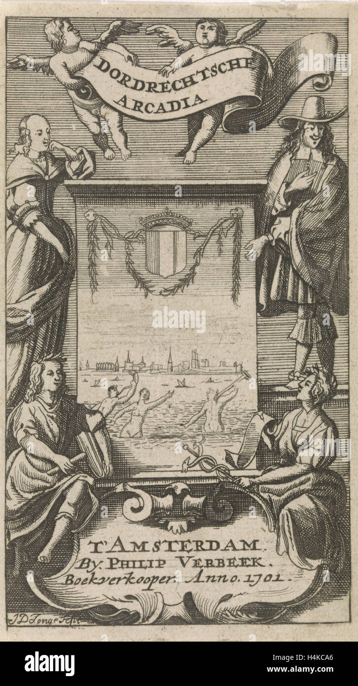 Quatre personnages autour d'un cadre avec vue de Dordrecht, Jan de Jonge, Philip Verbeek, 1701 Banque D'Images