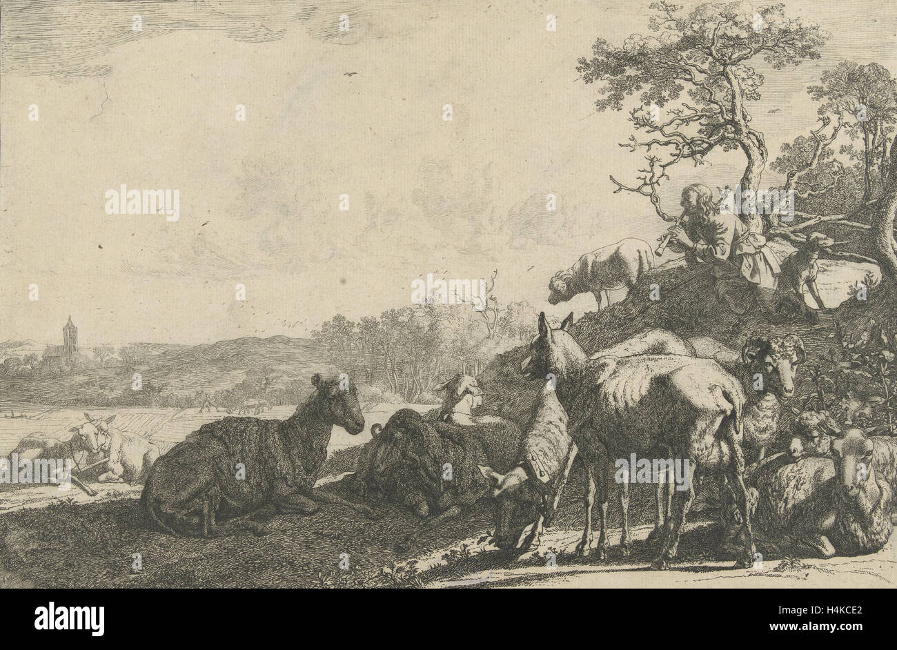 Berger avec chien sur une colline, à jouer sur une flûte, le troupeau de moutons dans l'avant-plan, l'impression bouilloire : Paulus Potter Banque D'Images